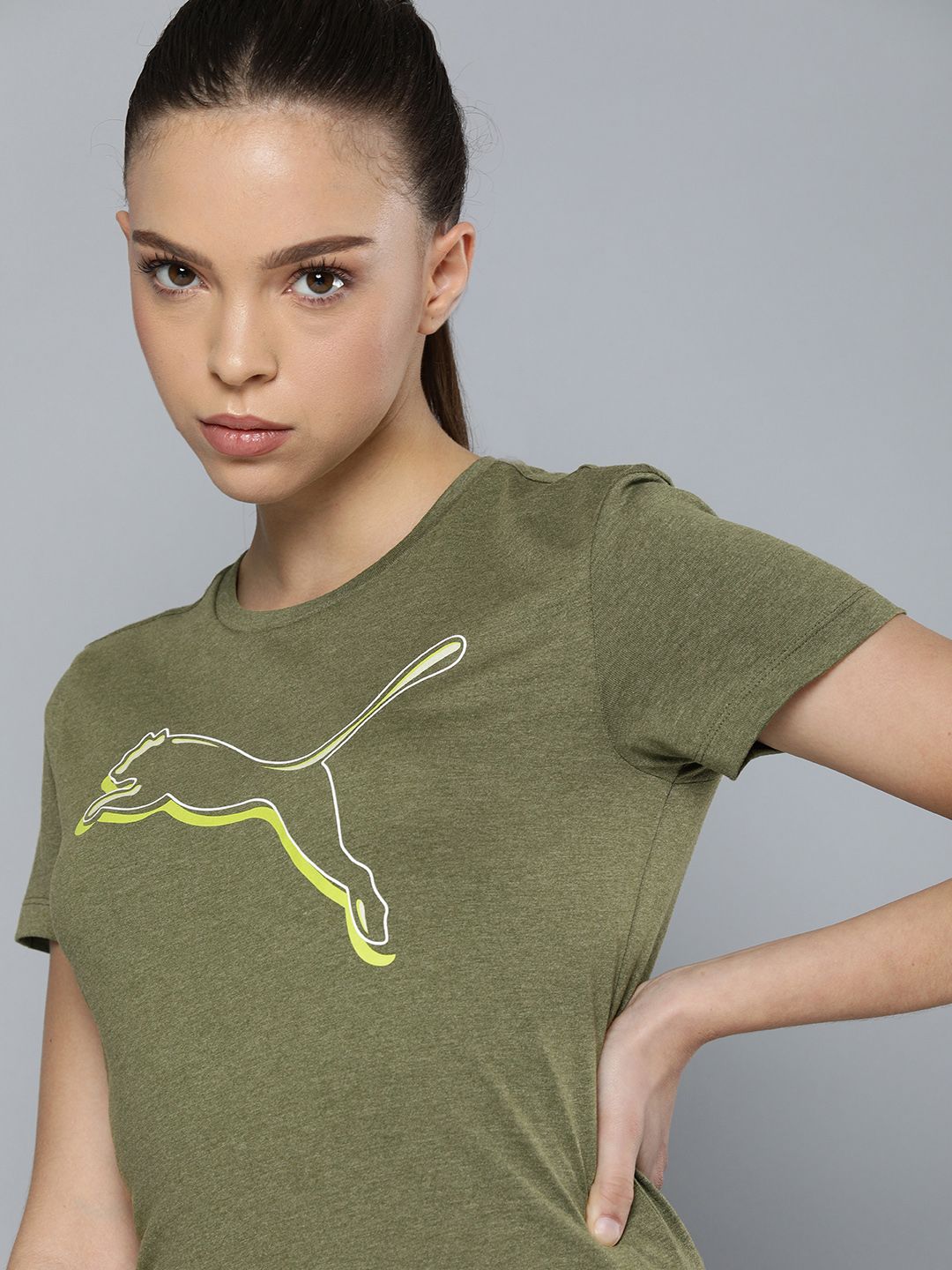 Puma Women Olive Green Brand Logo Printed Sports T-shirt Price in India