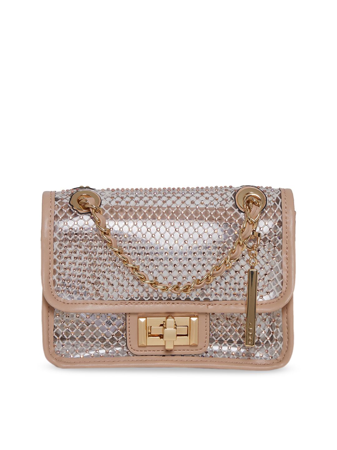 ALDO Women Brown & Gold-Toned Structured Sling Bag with Cut Work Price in India