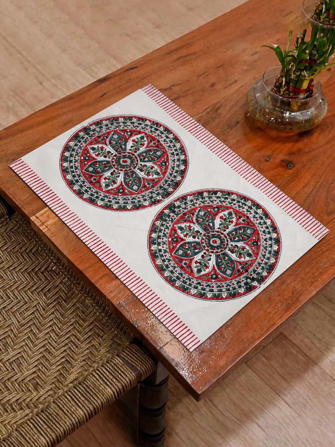 EK BY EKTA KAPOOR Set Of 2 Off White Block Printed Pure Cotton Table Placemats Price in India
