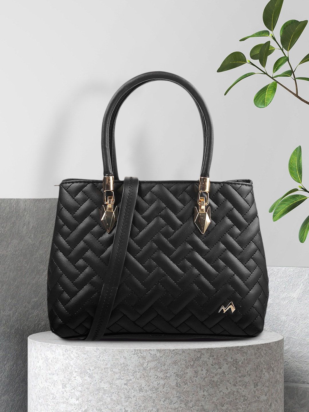 Metro Black Quilted Structured Handheld Bag Price in India