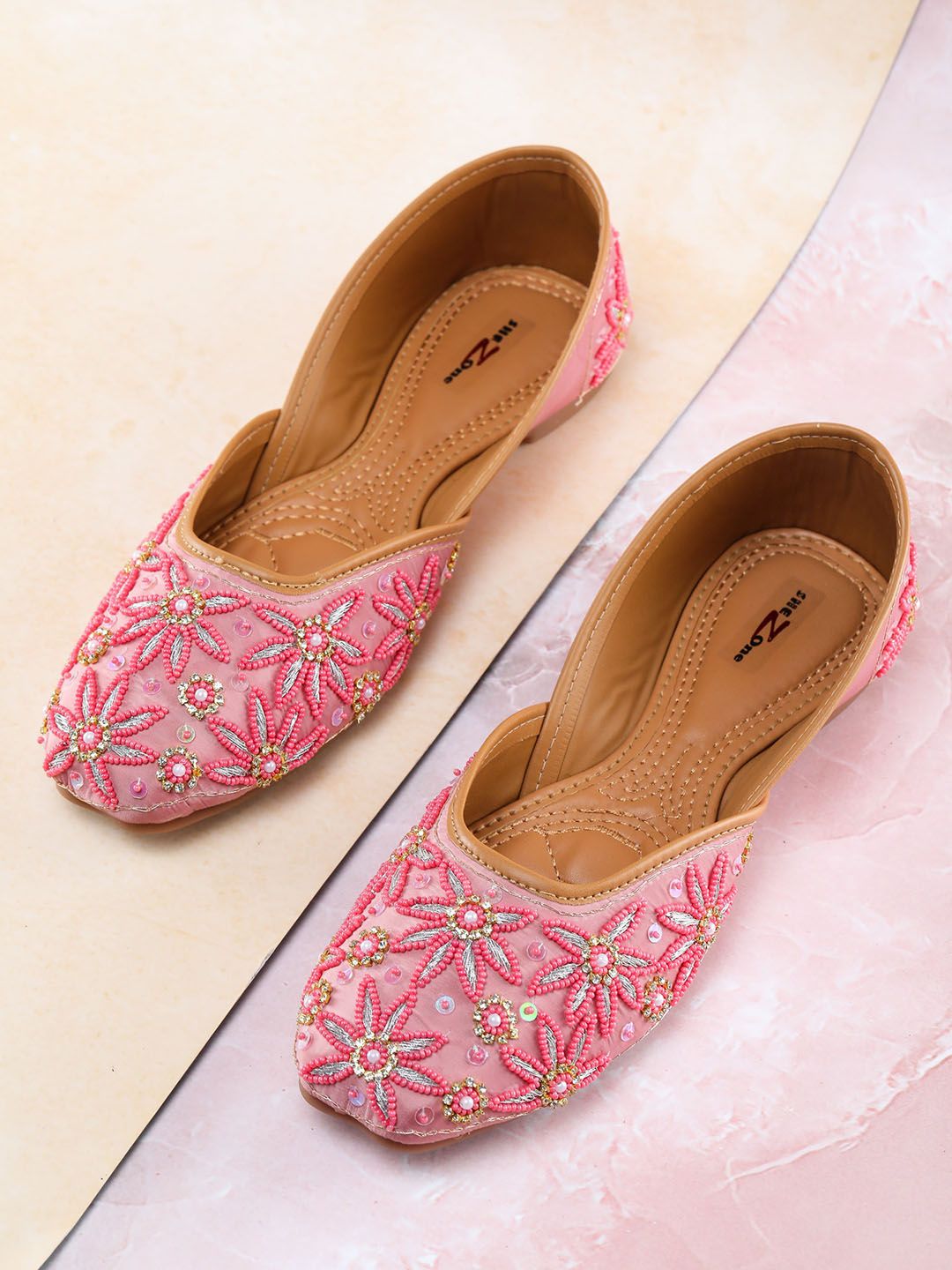 Shezone Women Pink & Silver-Toned Embellished Mojaris Price in India