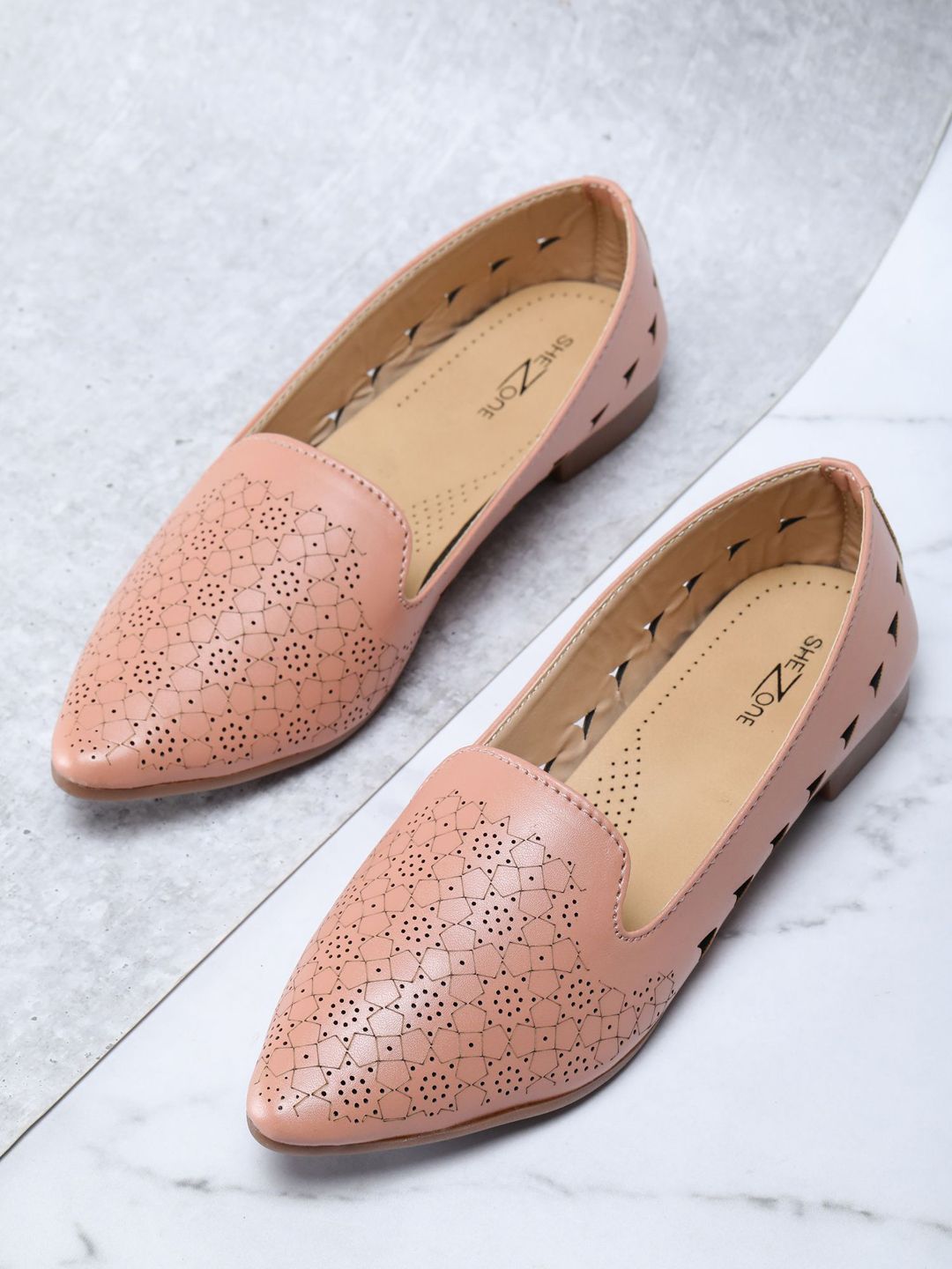 Shezone Women Peach-Coloured Textured Ballerinas with Laser Cuts Flats Price in India