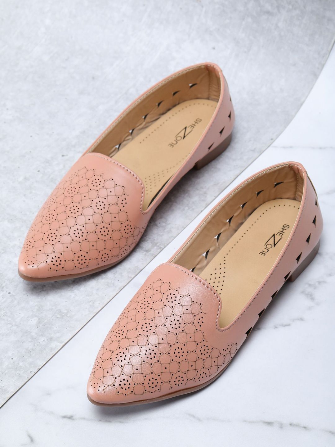 Shezone Women Peach-Coloured Textured Ballerinas with Laser Cuts Flats