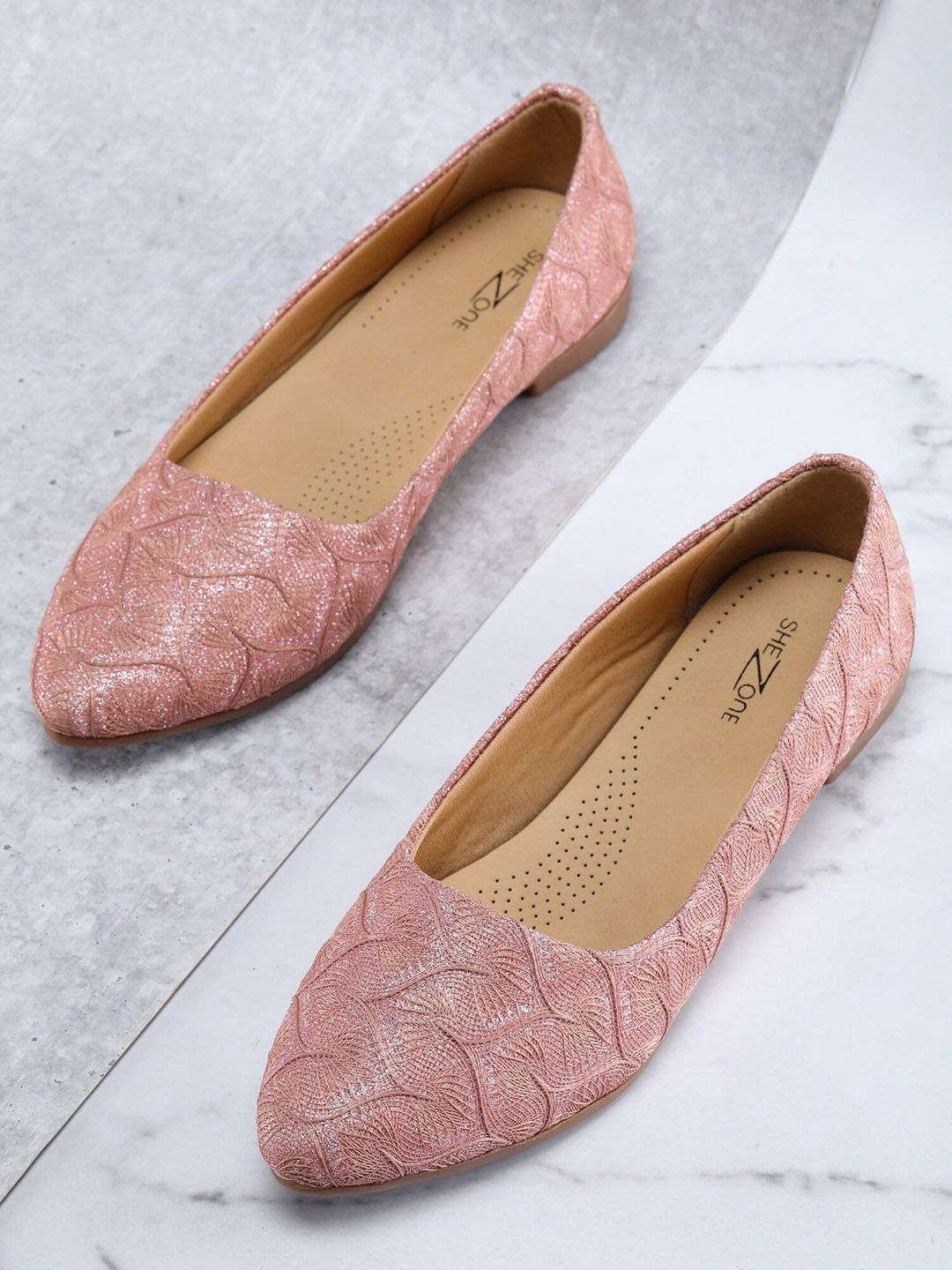 Shezone Women Peach-Coloured Textured Ballerinas Flats Price in India