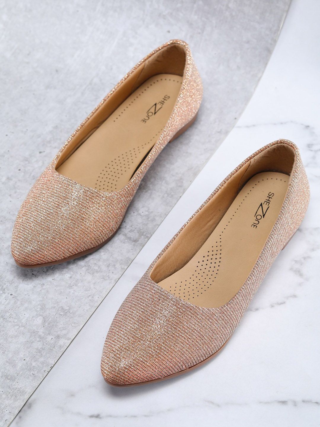 Shezone Women Rose Gold Printed Ballerinas Flats Price in India