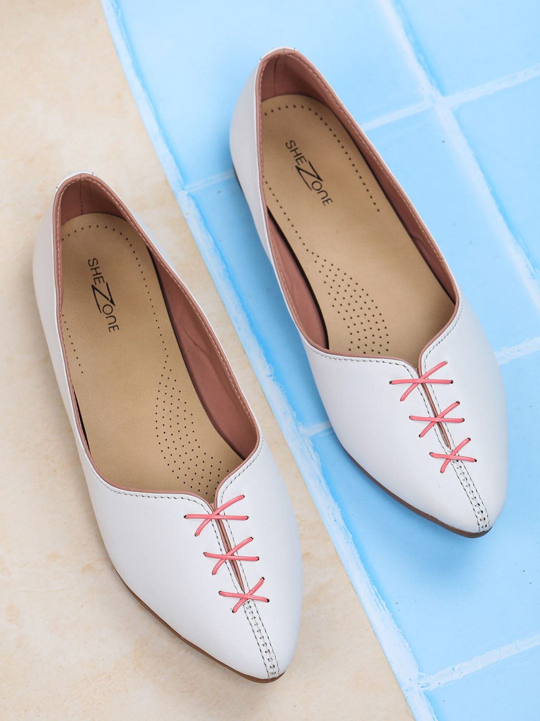 Shezone Women White Ballerinas with Laser Cuts Flats Price in India