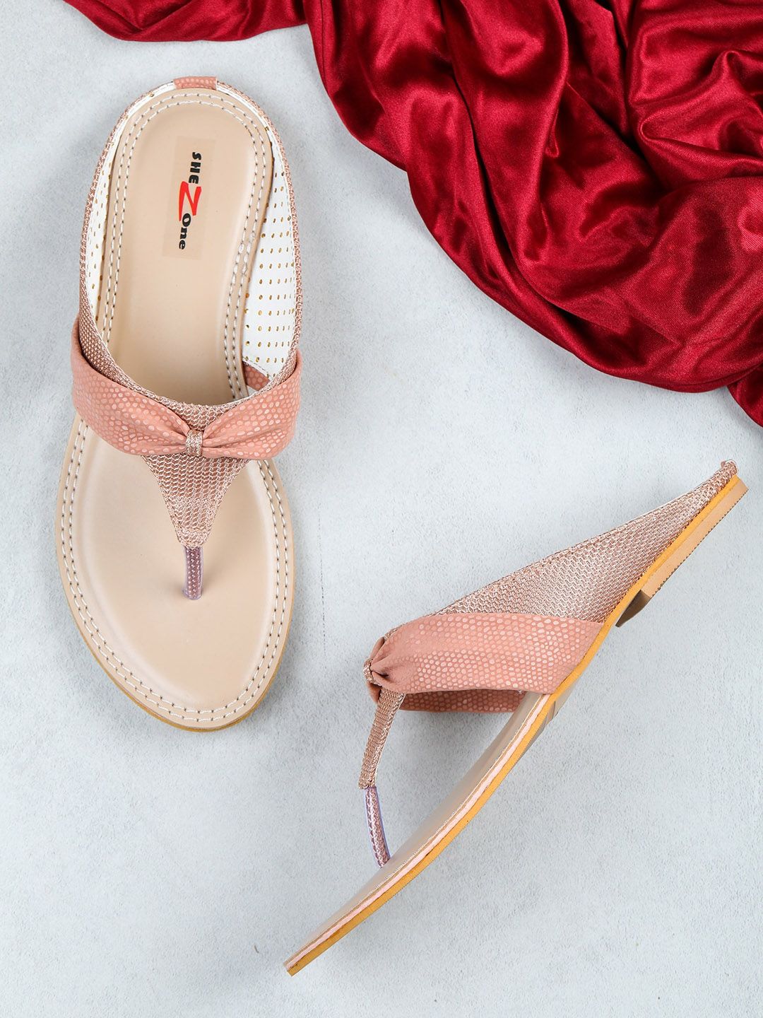 Shezone Women Peach-Coloured Printed T-Strap Flats Price in India