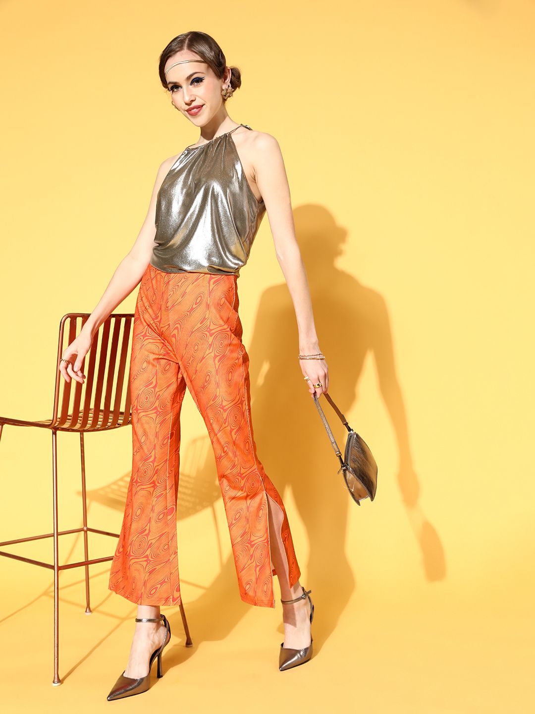 plusS Women Orange Abstract Print Side-Slit Trousers Price in India