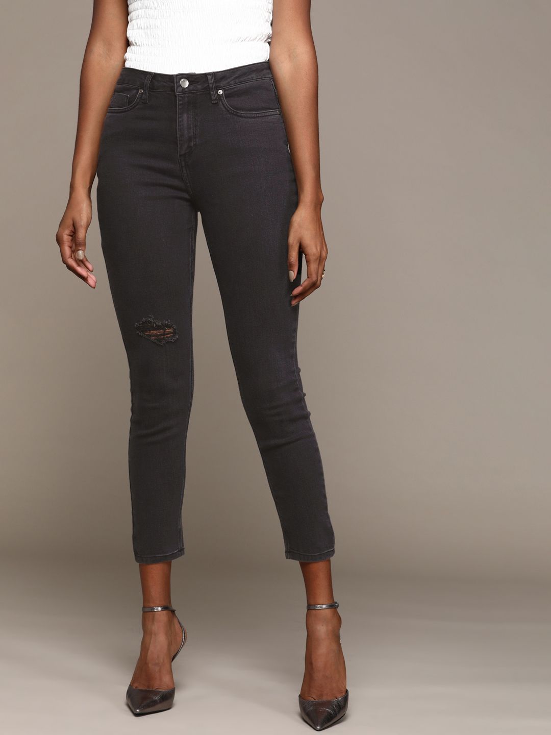 bebe Women Black Denim Daze Super Skinny Fit High-Rise Mildly Distressed Stretchable Jeans Price in India