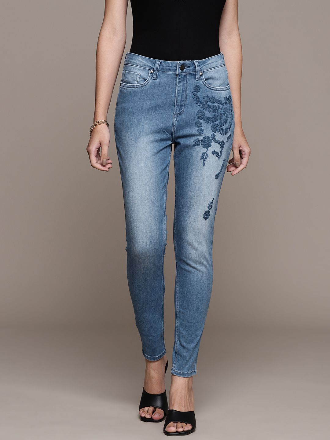 bebe Women Blue Denim Daze Super Skinny Fit High-Rise Embroidered Jeans Price in India