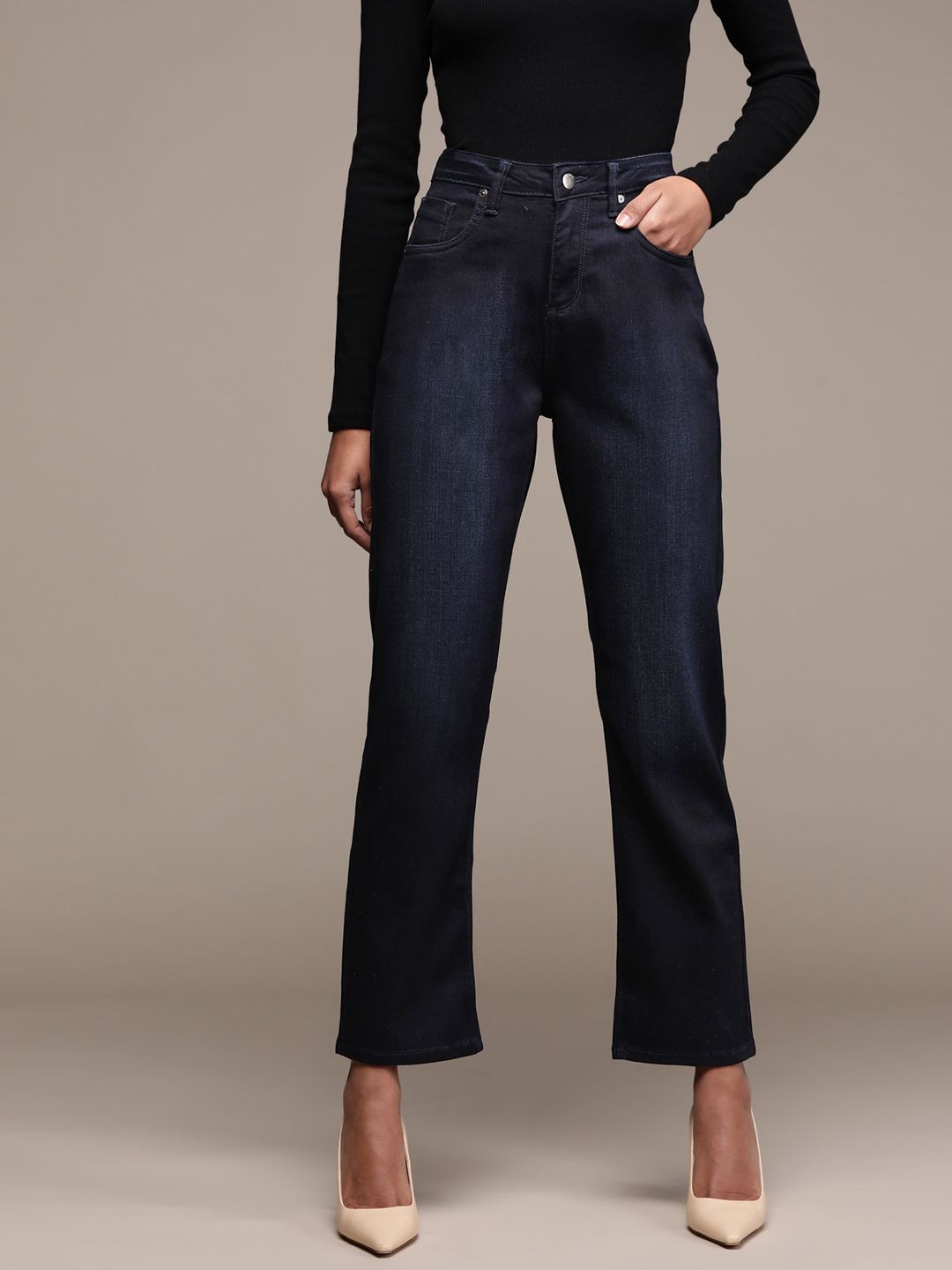 bebe Women Dark Indigo Denim Daze Straight Fit High-Rise Stretchable Jeans Price in India