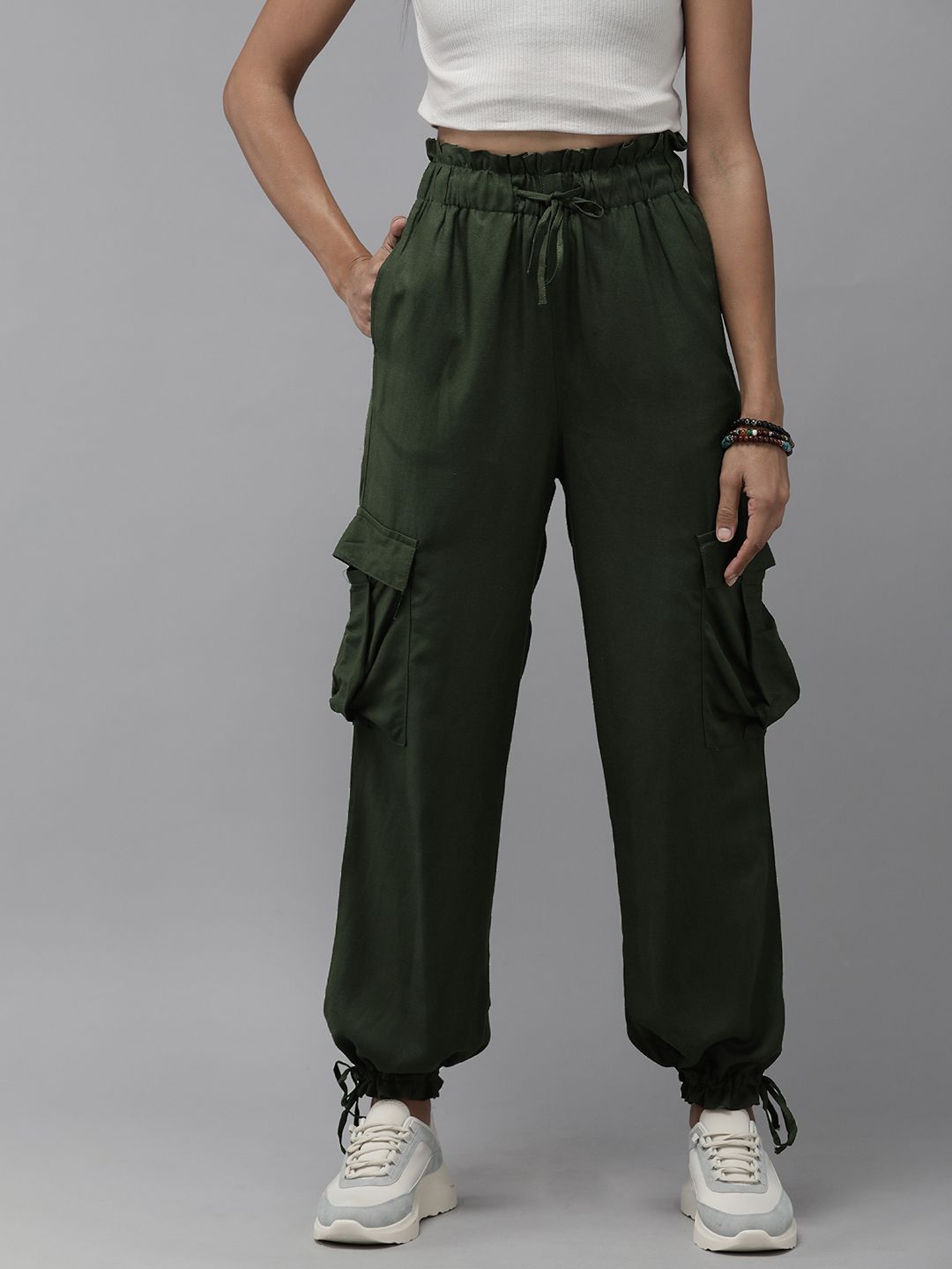 The Roadster Lifestyle Co. Women Olive Green Solid Pleated Joggers Price in India