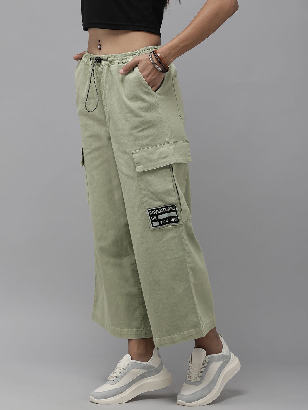 The Roadster Lifestyle Co. Women Olive Green Solid Flared Cargos Price in India