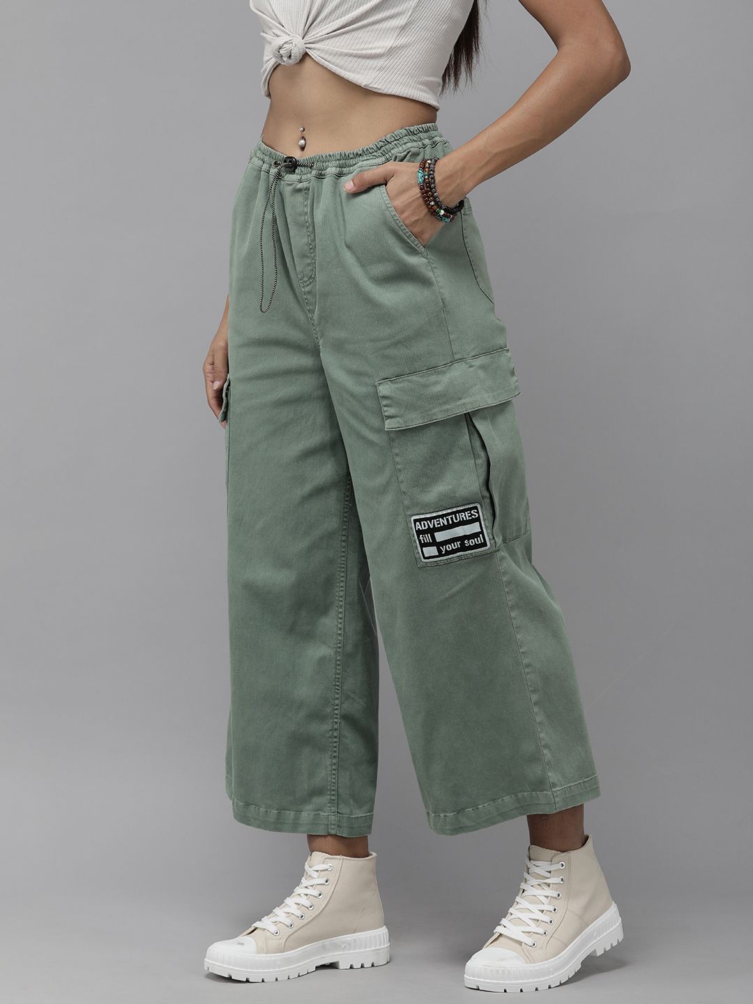 The Roadster Lifestyle Co. Women Green Solid Flared Cargos Price in India