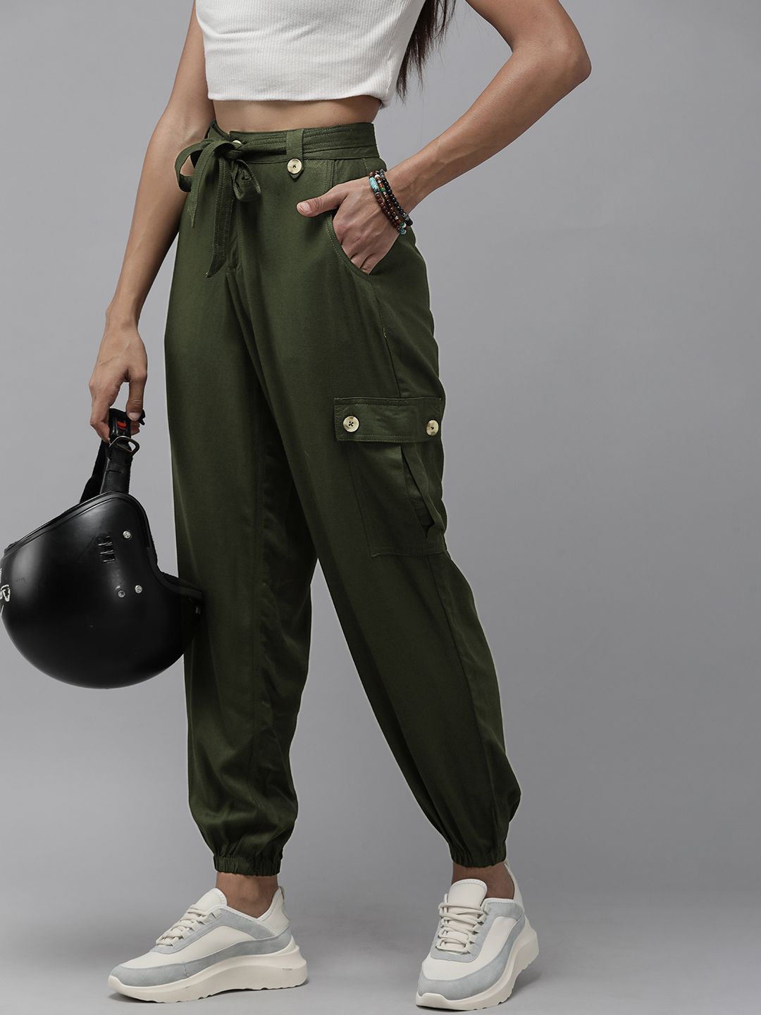 The Roadster Lifestyle Co. Women Olive Green Solid Joggers Price in India