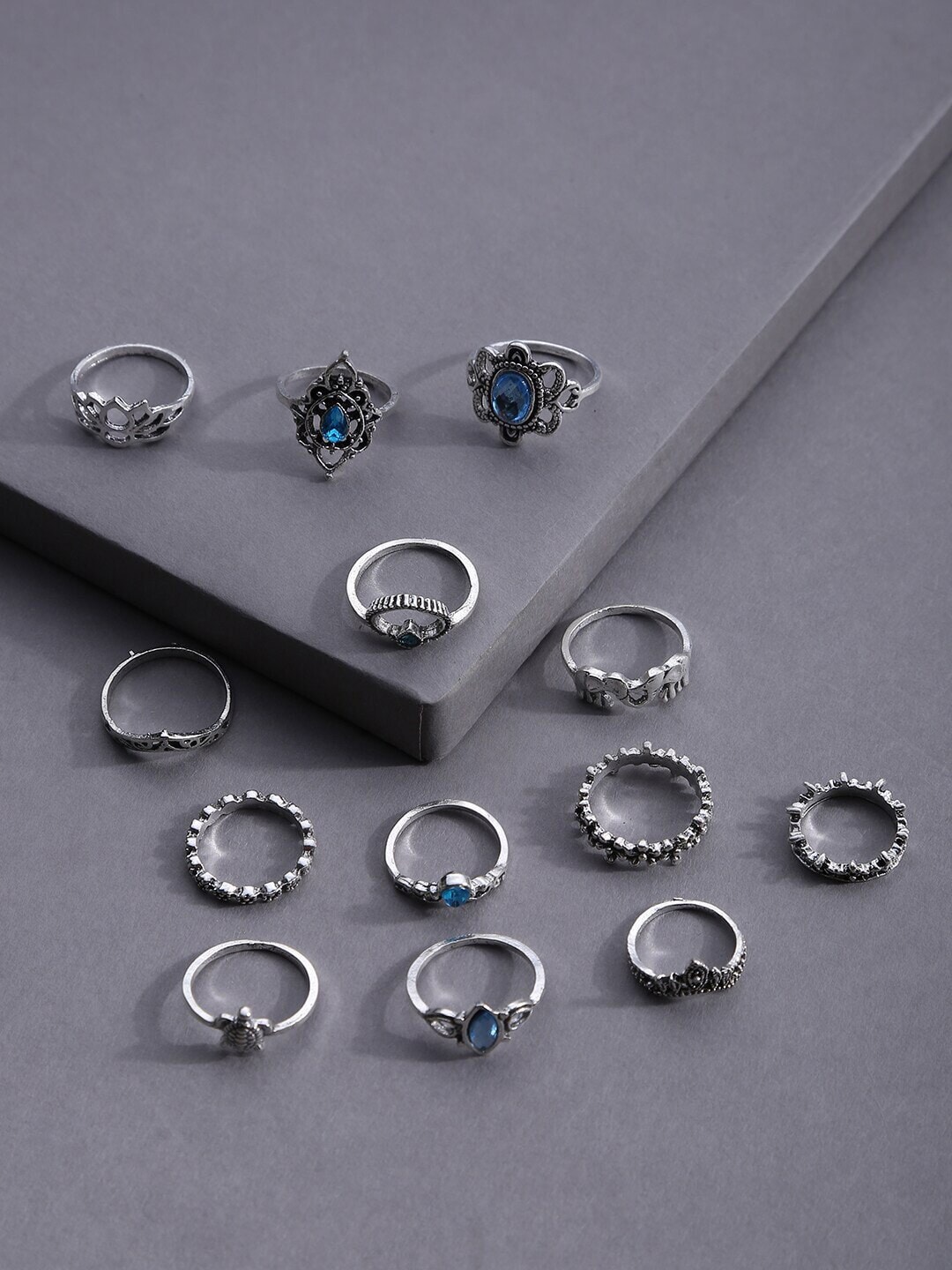 Jewels Galaxy Women Set of 13 Silver-Plated Oxidized Finger Rings Price in India