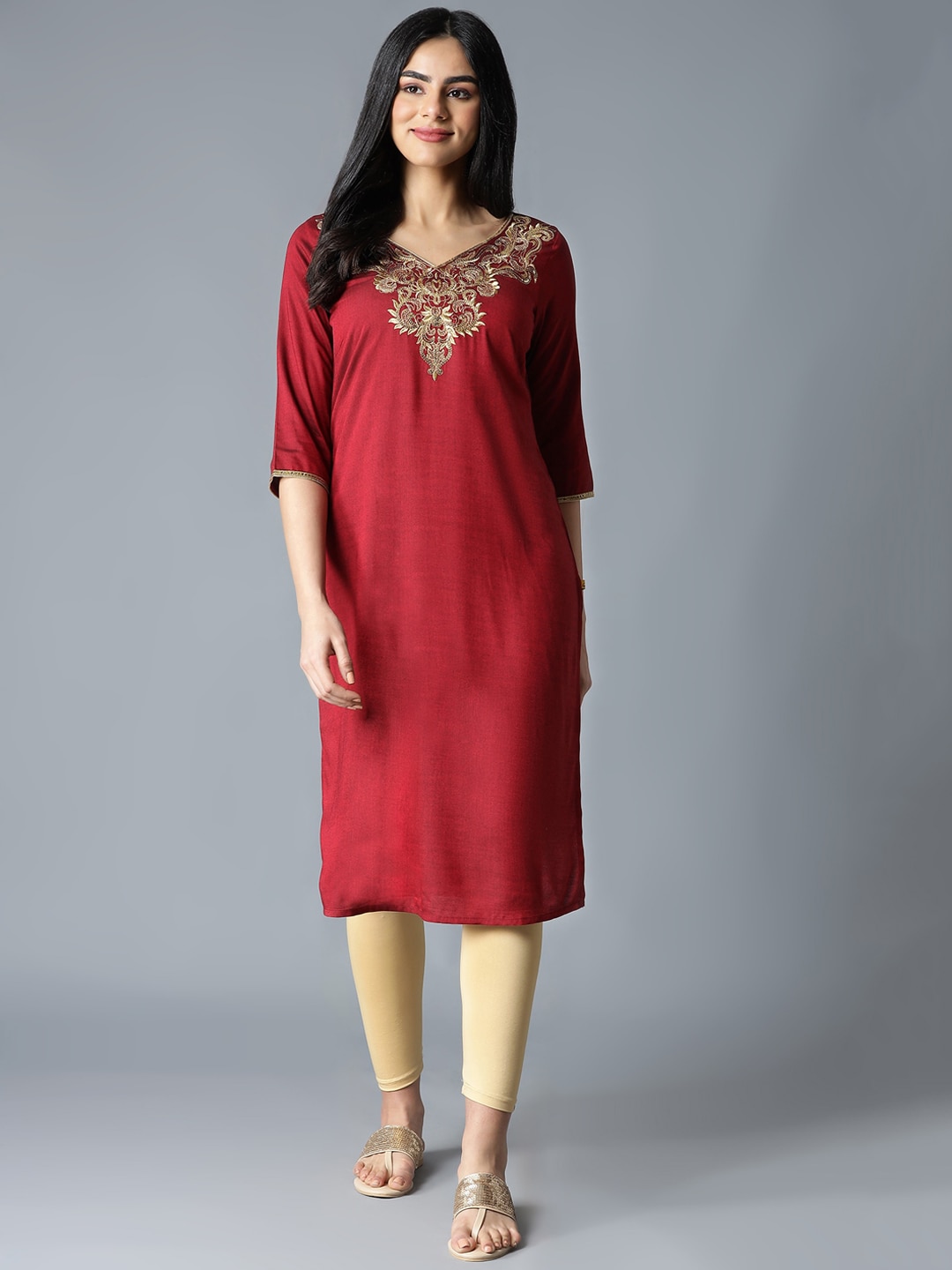 AURELIA Women Red Yoke Design Thread Work Kaftan Kurta Price in India