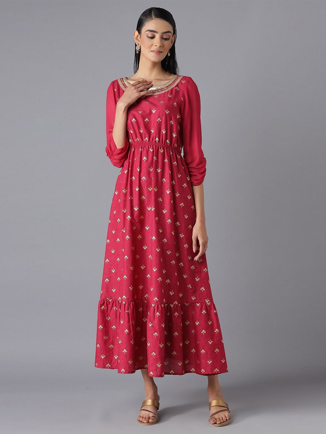 AURELIA Women Pink & Gold-Toned Ethnic Motifs Maxi Cotton Dress Price in India