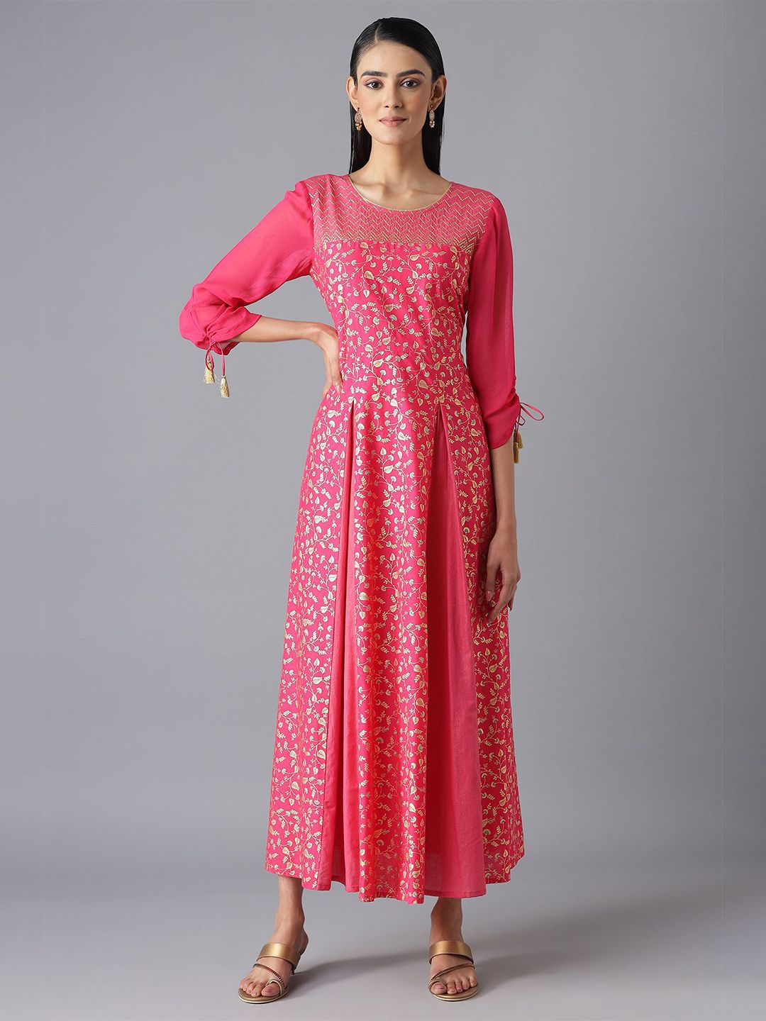 AURELIA Women Pink & Gold-Toned Ethnic Motifs Cotton Maxi Dress Price in India
