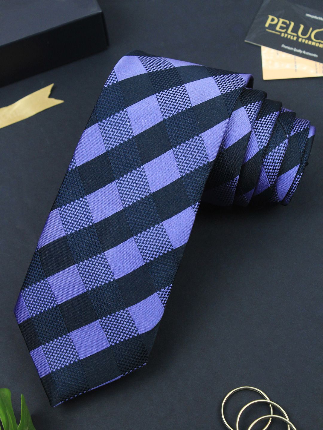 PELUCHE Men Blue & Black Checked Broad Tie