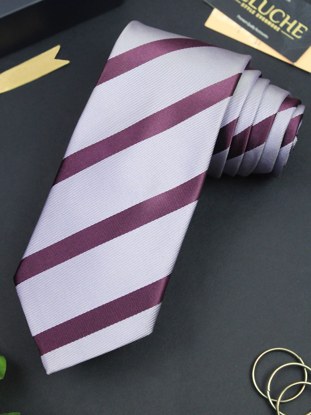 PELUCHE Men Grey & Black Striped Broad Tie