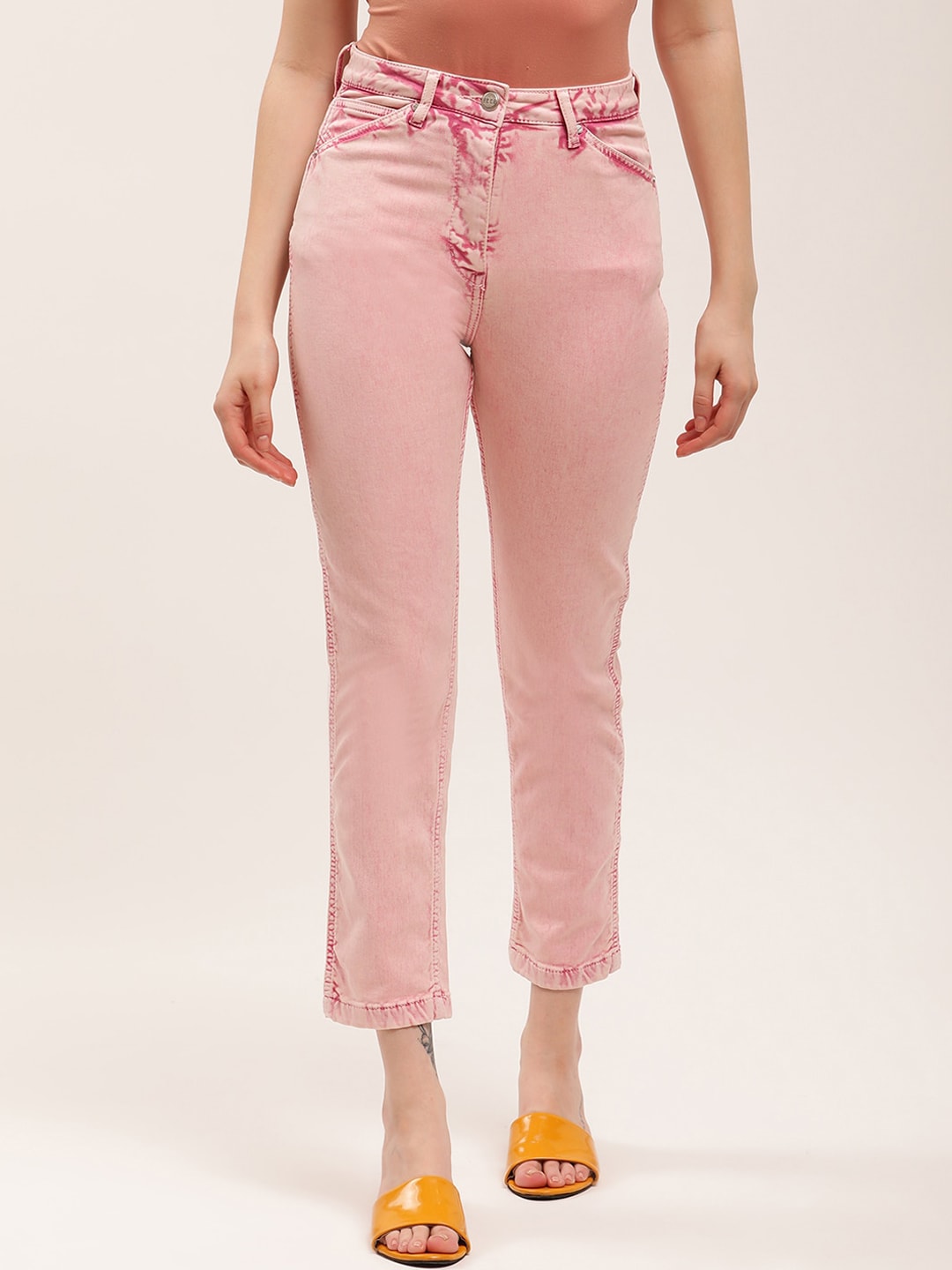 ELLE Women Pink-Coloured Cotton Mid-Rise Skinny Jeans Price in India