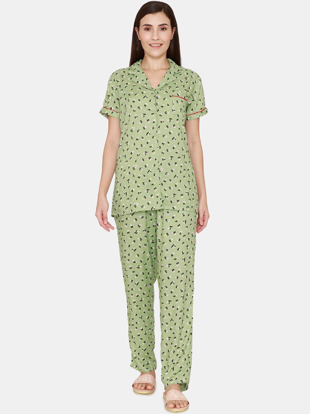 Coucou by Zivame Women Green & Pink Printed Night suit Price in India