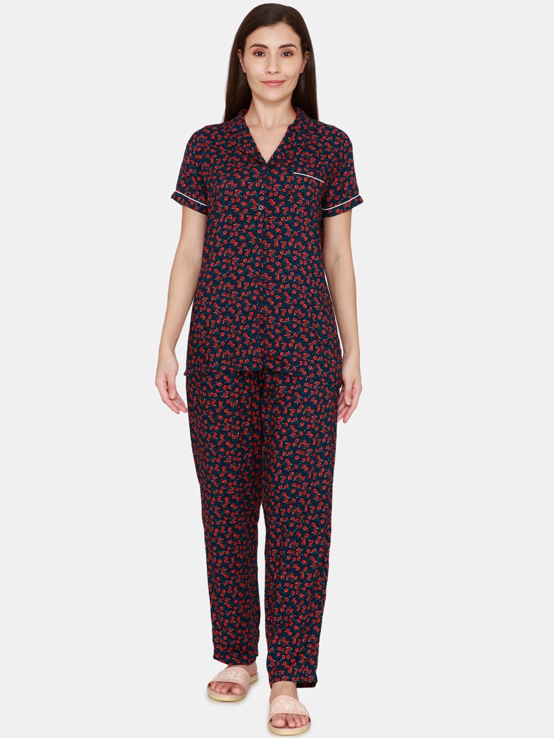 Coucou by Zivame Women Black & Red Printed Night suit Price in India