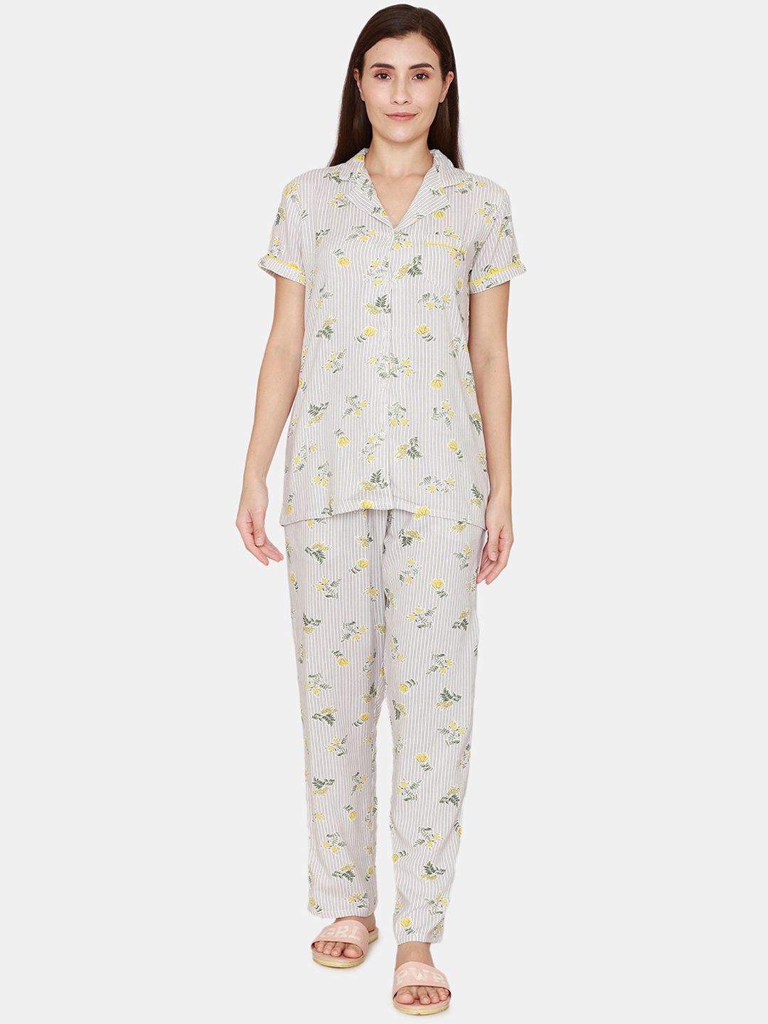 Coucou by Zivame Women White & Yellow Printed Night suit Price in India