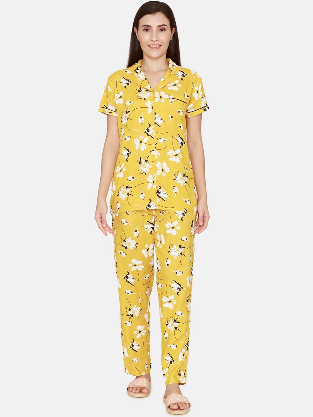 Coucou by Zivame Women Yellow & White Floral Printed Night Suit Price in India