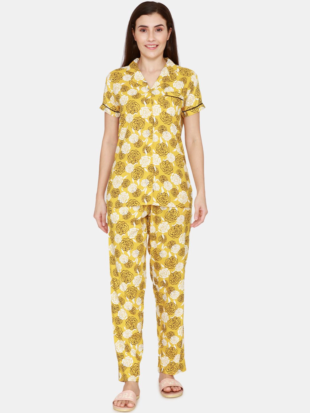 Coucou by Zivame Women Yellow & White Printed Night suit Price in India