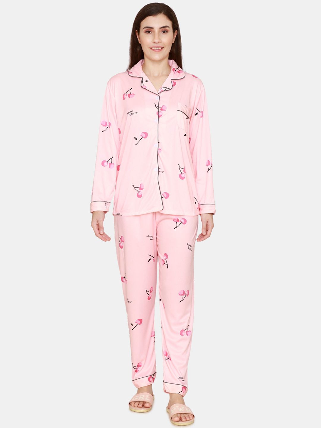 Coucou by Zivame Women Pink & Black Printed Night suit Price in India