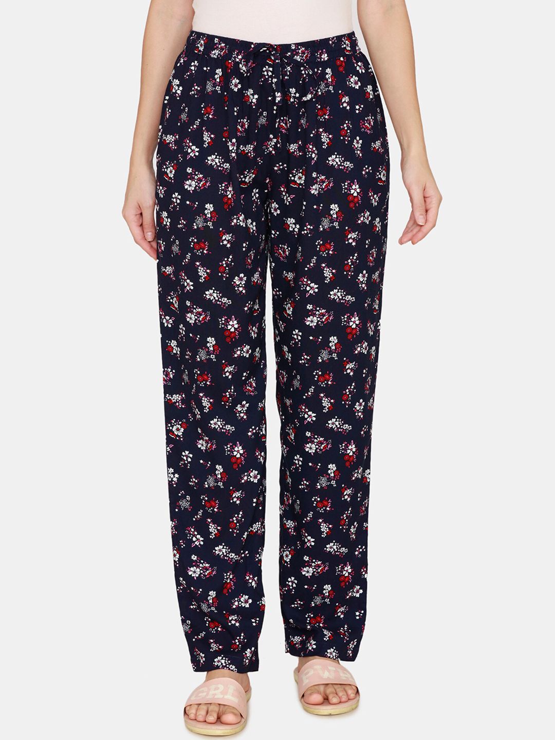 Coucou by Zivame Women Navy Blue Printed Cotton Lounge Pants Price in India