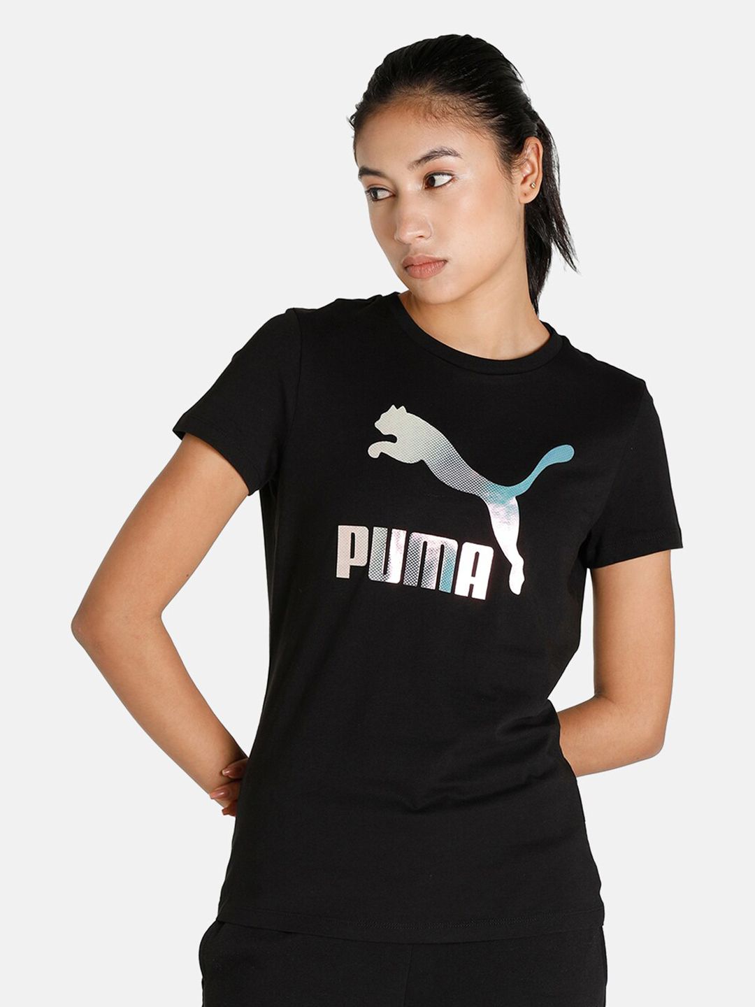 Puma Women Black & Silver-Toned Brand Logo Printed T-shirt Price in India