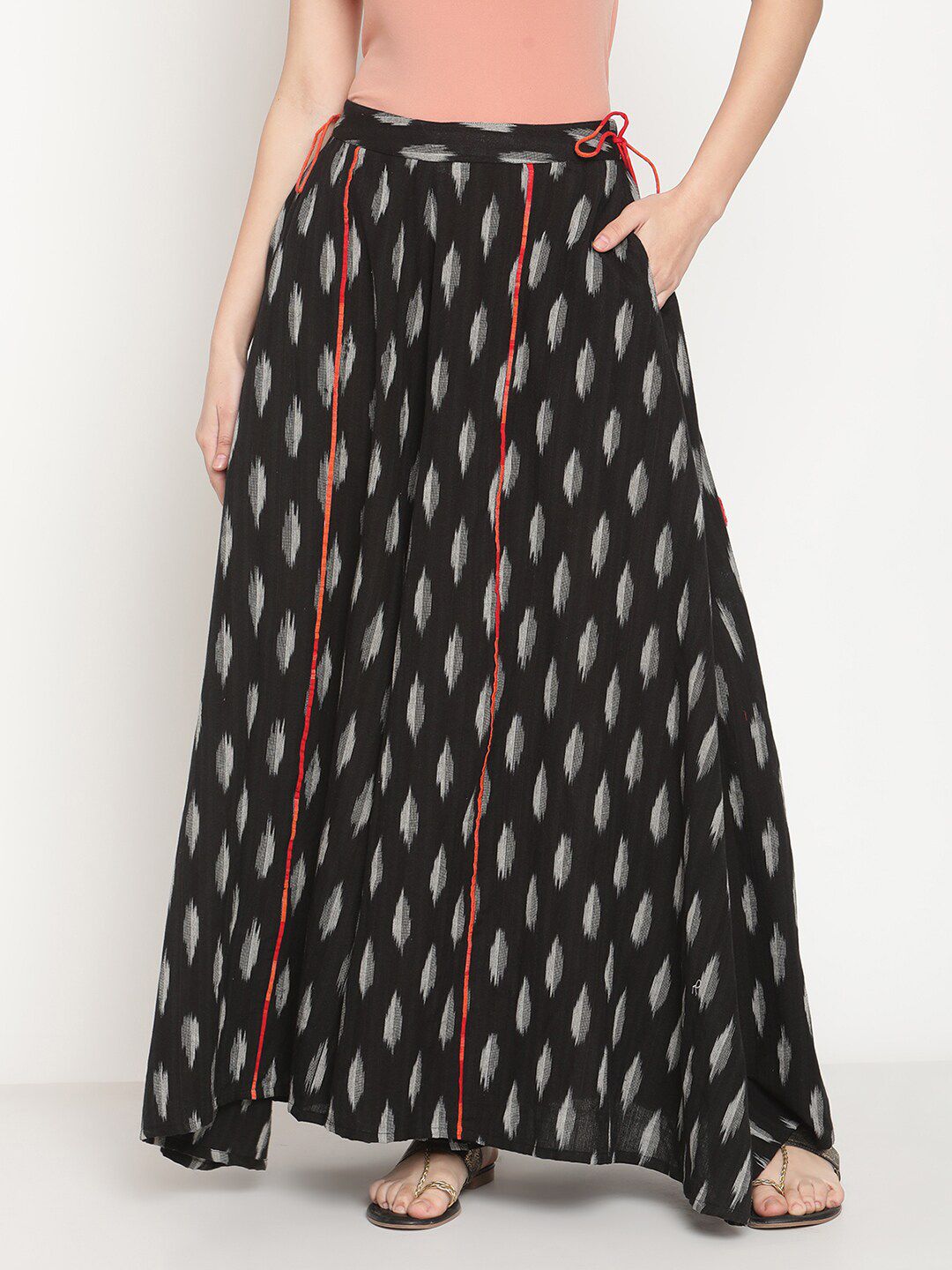 Abhishti Women Black & White Printed Flared Knitted Ethnic Cotton Palazzos Price in India