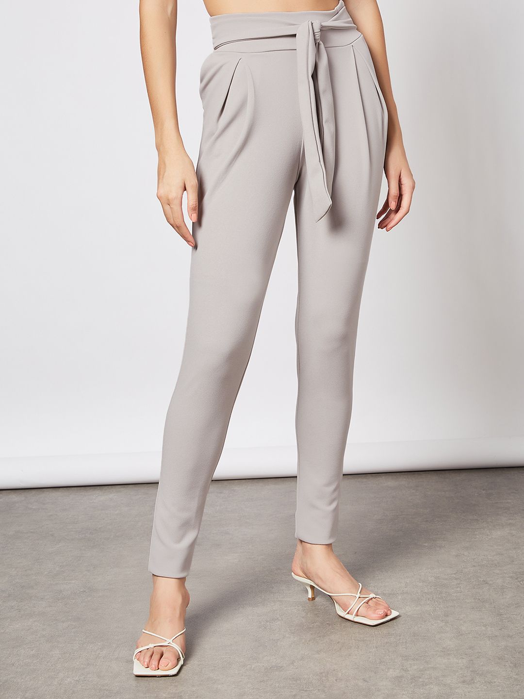 Femme Luxe Women Light Grey Solid Pleated Trousers Price in India