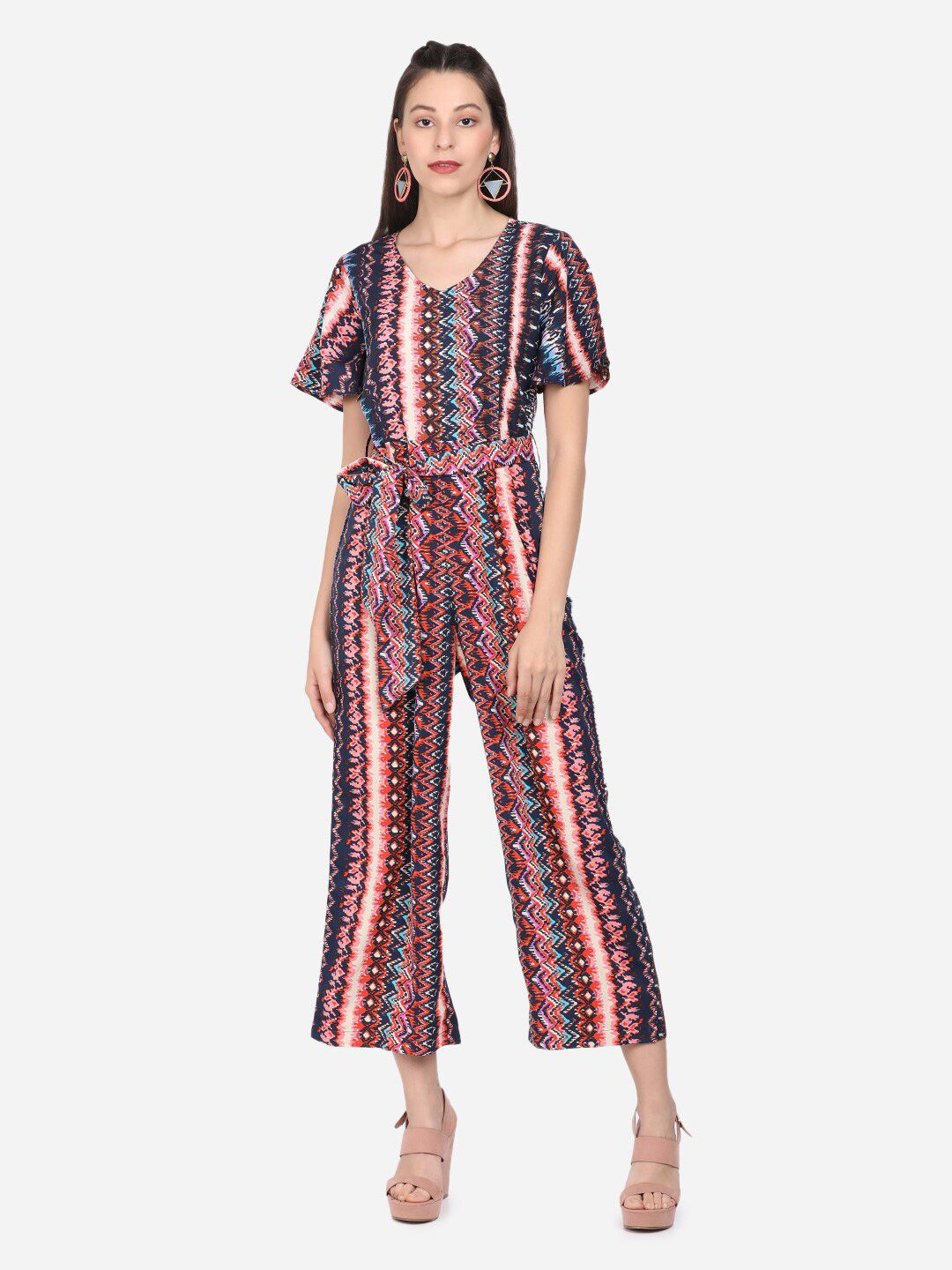 BEVERLY BLUES Blue & Peach-Coloured Printed Culotte Jumpsuit Price in India