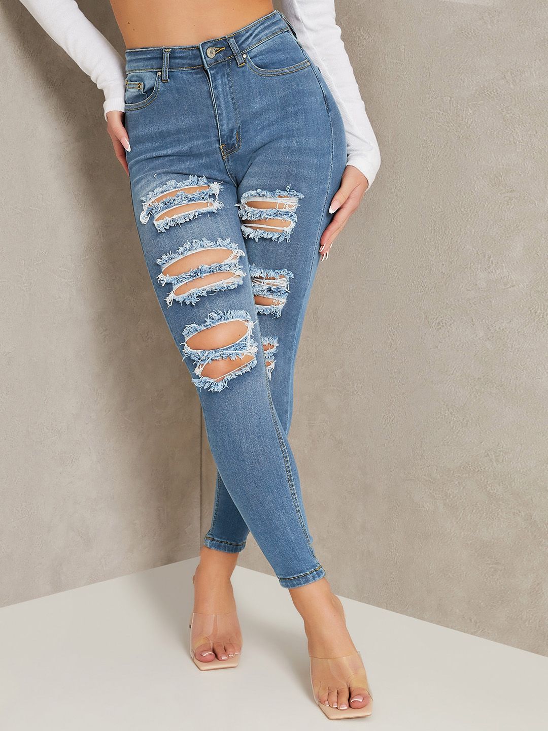 I Saw It First Women Blue Highly Distressed Skinny Fit Light Fade Stretchable Jeans Price in India