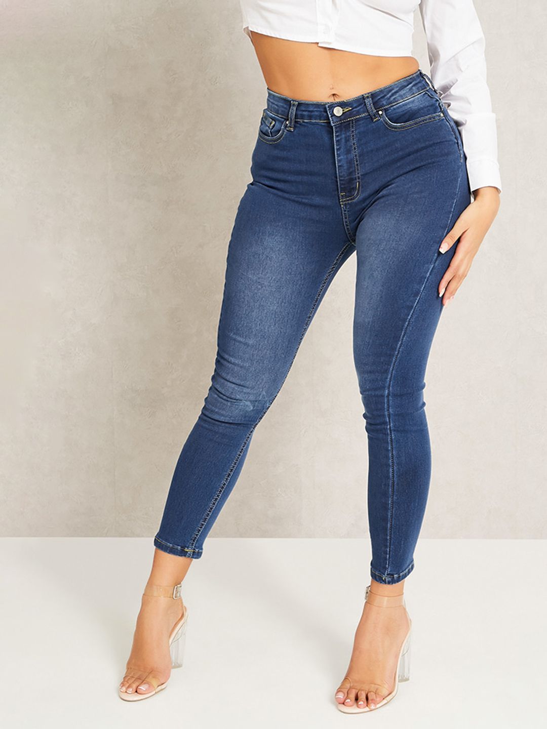 I Saw It First Women Blue Light Fade Mid Wash High Rise Skinny Fit Stretchable Jeans Price in India