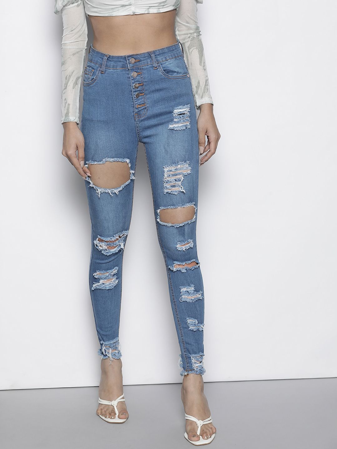 I Saw It First Women Blue Highly Distressed Stretchable Skinny Fit Jeans Price in India