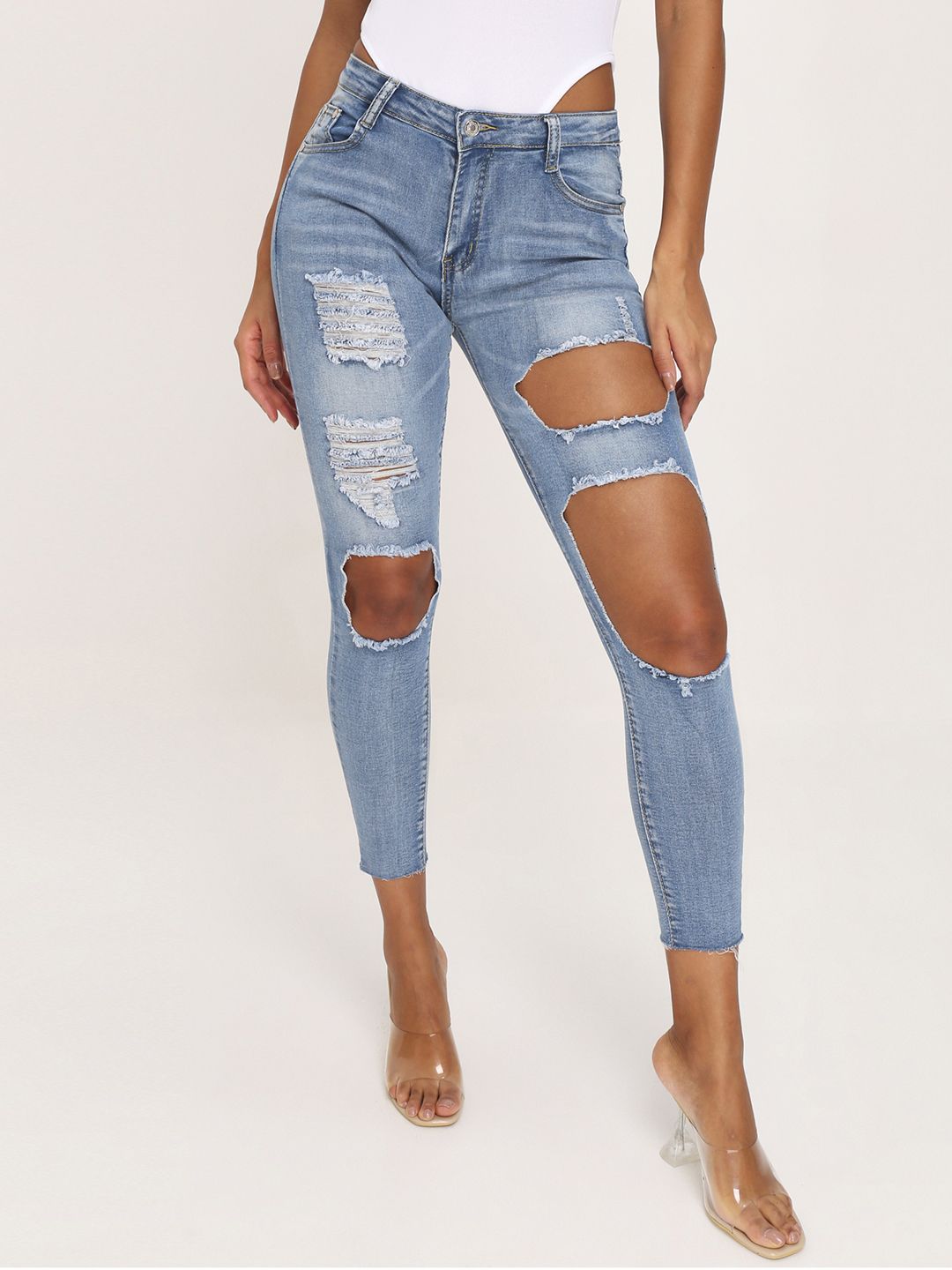 I Saw It First Women Blue Skinny Fit Highly Distressed Light Fade Stretchable Jeans Price in India