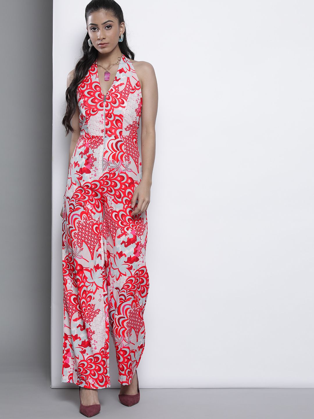 I Saw It First Women Red & White Halter Neck Floral Printed Basic Jumpsuit Price in India