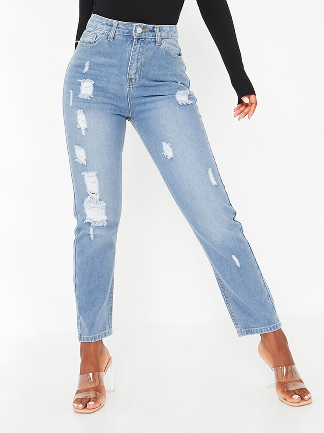 I Saw It First Women Blue Mildly Distressed Light Fade Pure Cotton Mom Fit Jeans Price in India