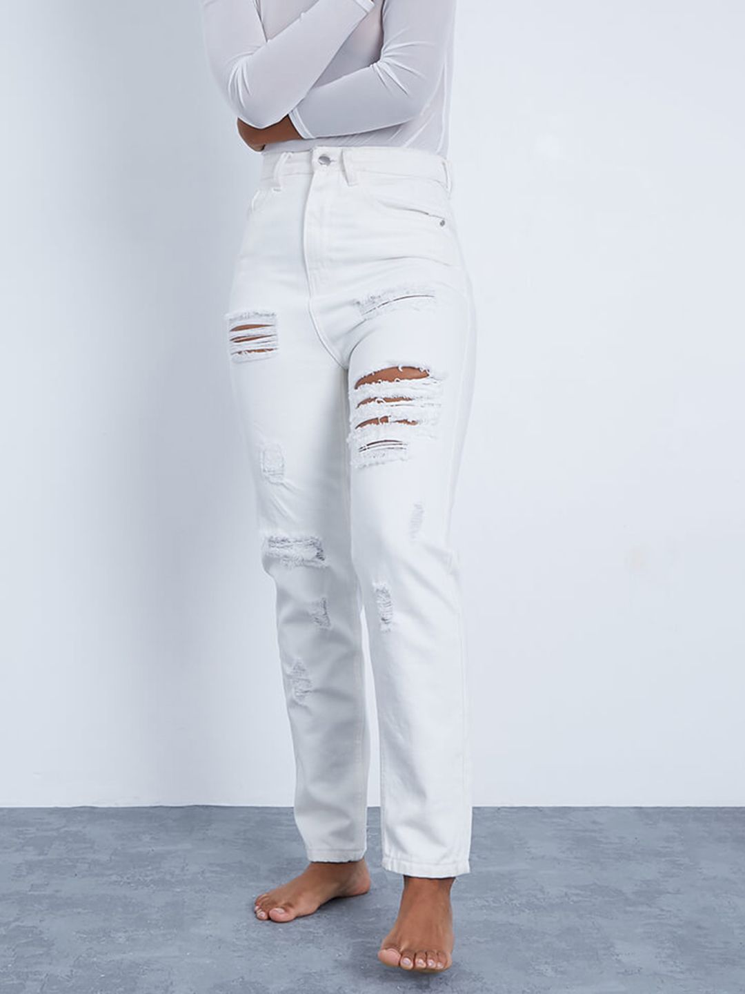 I Saw It First Women White Highly Distressed Jeans Price in India