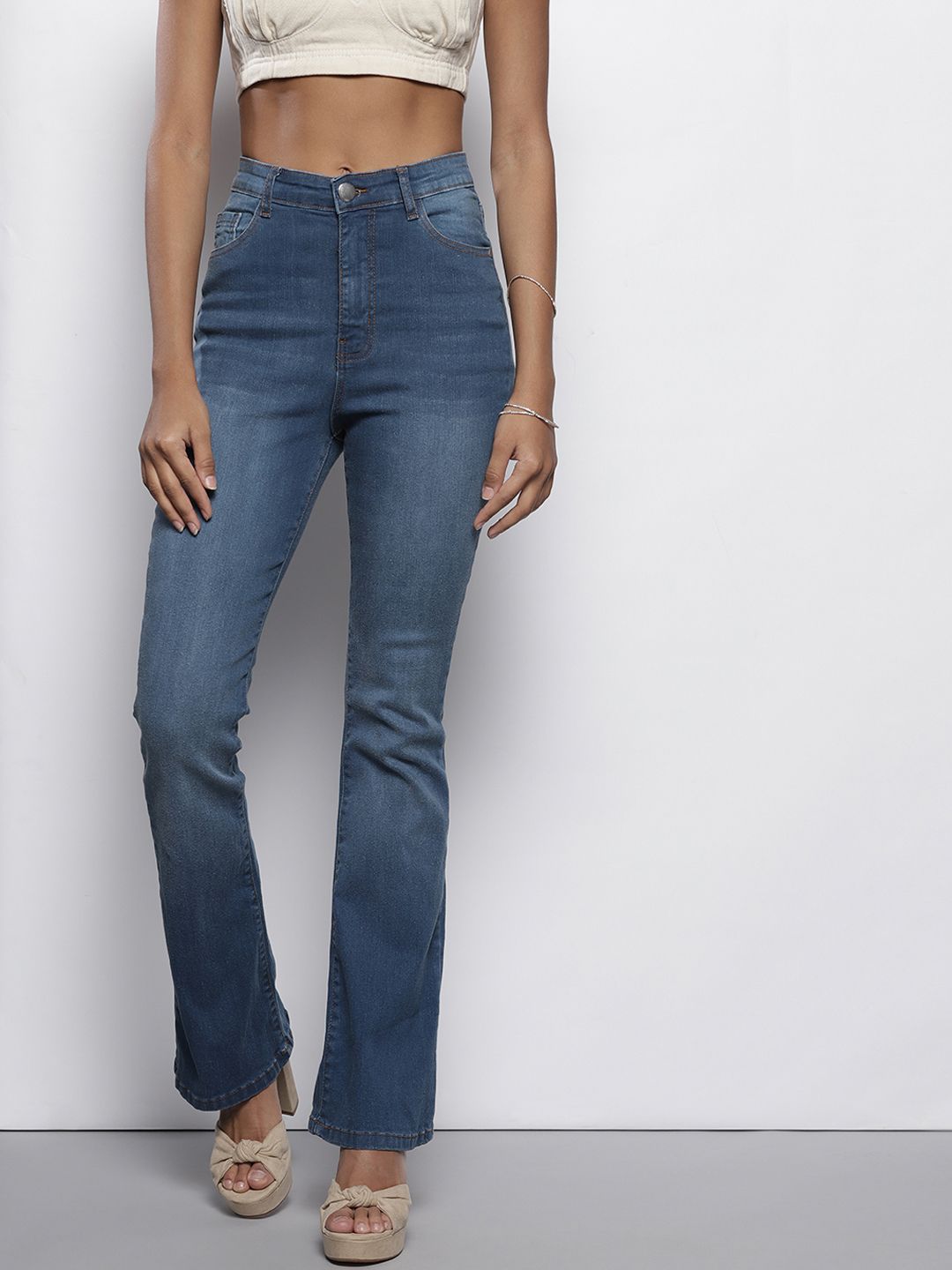 I Saw It First Women Blue Skinny Fit Flared Light Fade Stretchable Jeans Price in India