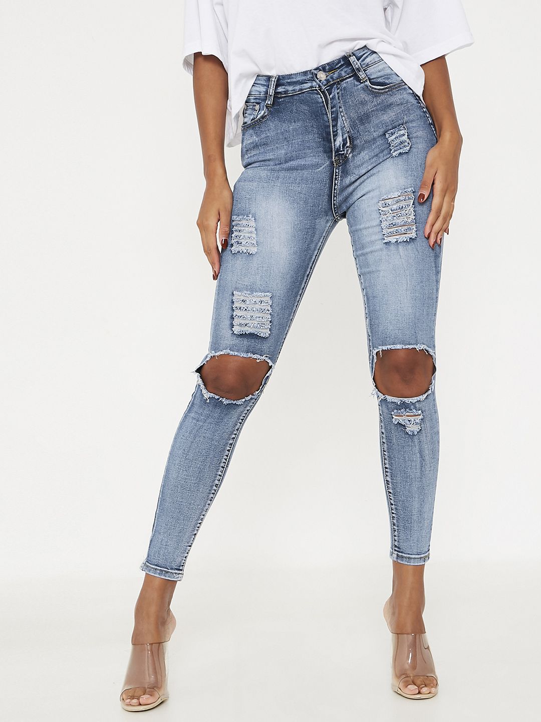 I Saw It First Women Blue Skinny Fit Highly Distressed Light Fade Stretchable Jeans Price in India