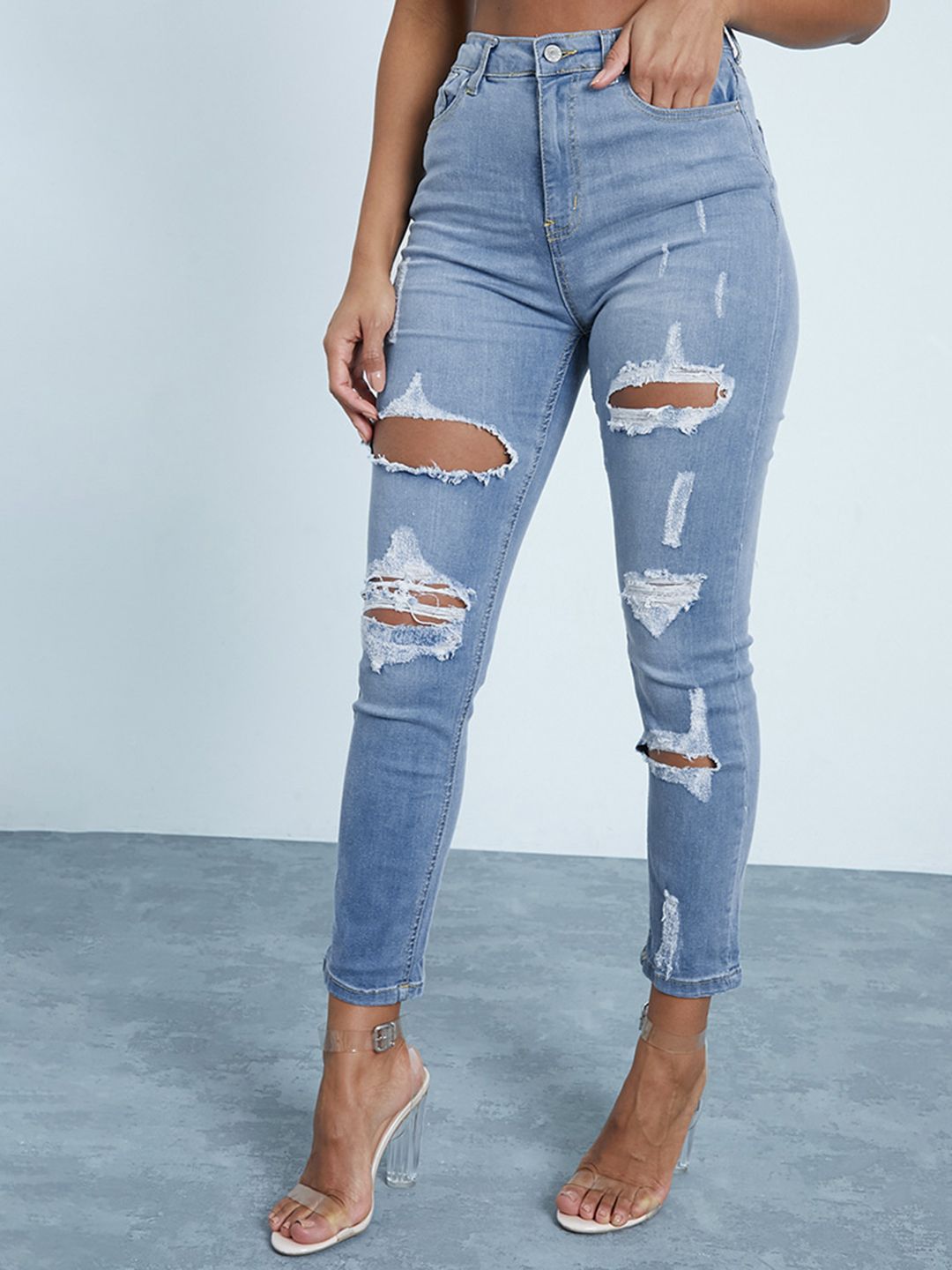 I Saw It First Women Blue Highly Distressed Light Fade Straight Fit Stretchable Jeans Price in India