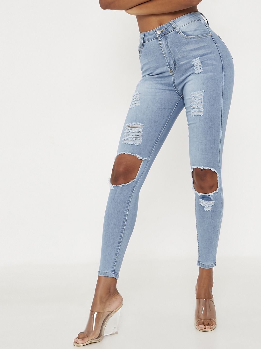 I Saw It First Women Blue Skinny Fit Highly Distressed Light Fade Stretchable Jeans Price in India