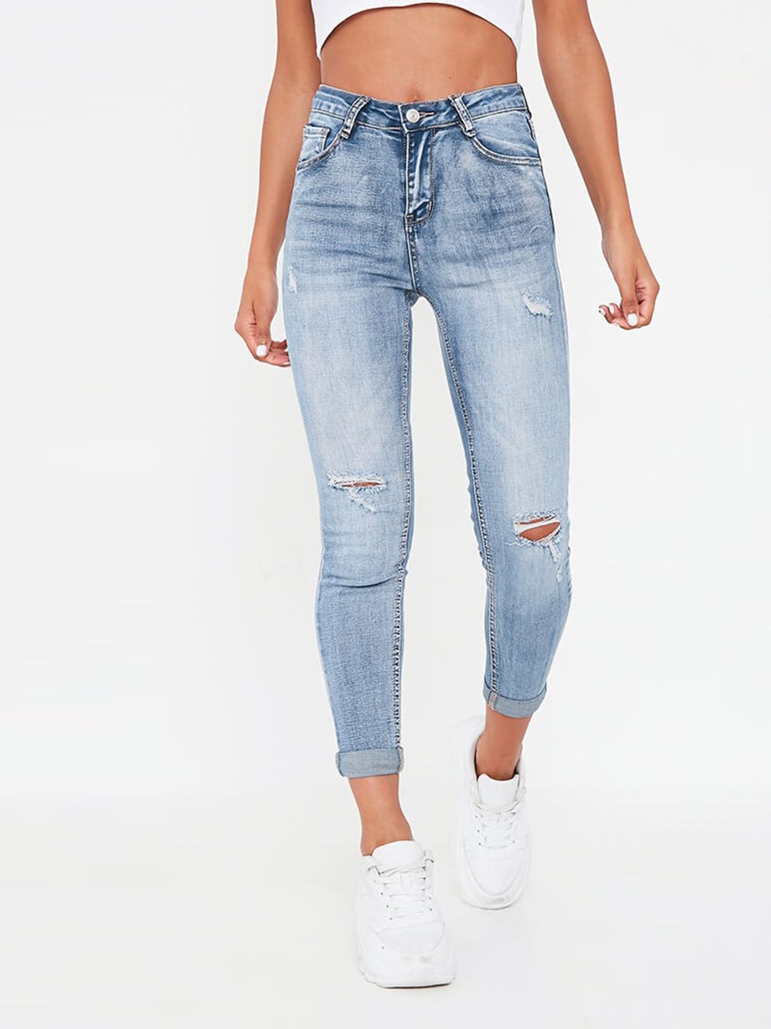 I Saw It First Women Blue Skinny Fit Mildly Distressed Light Fade Stretchable Jeans Price in India