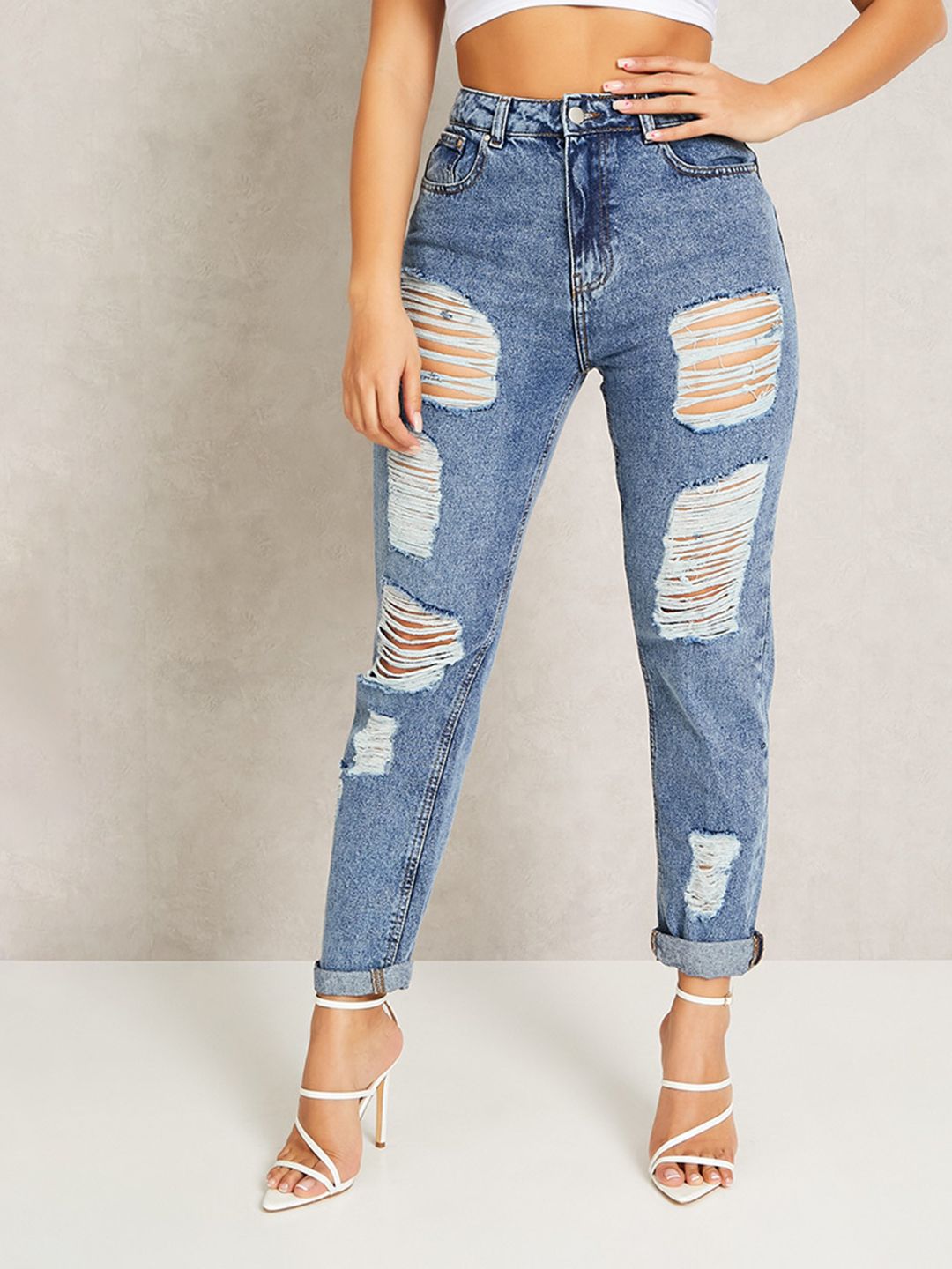 I Saw It First Women Blue Highly Distressed Jeans Price in India